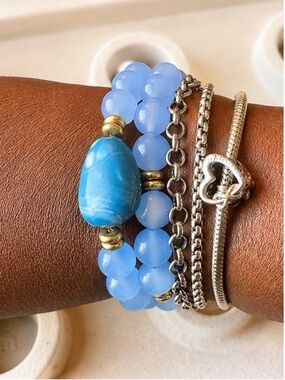 Sky Blue & Deep Blue Beaded Stretch Bracelet | Handmade Jewelry | Blue & Gold